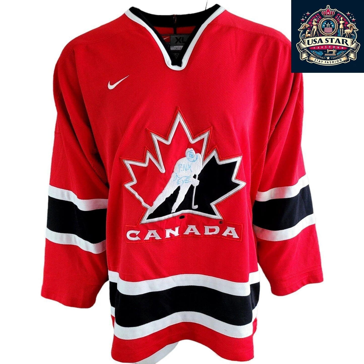 Signed Canada Hockey Jersey Adult XL with Unique Pink Eye Design - Lightweight Red Nike Authentic - USASTARFASHION