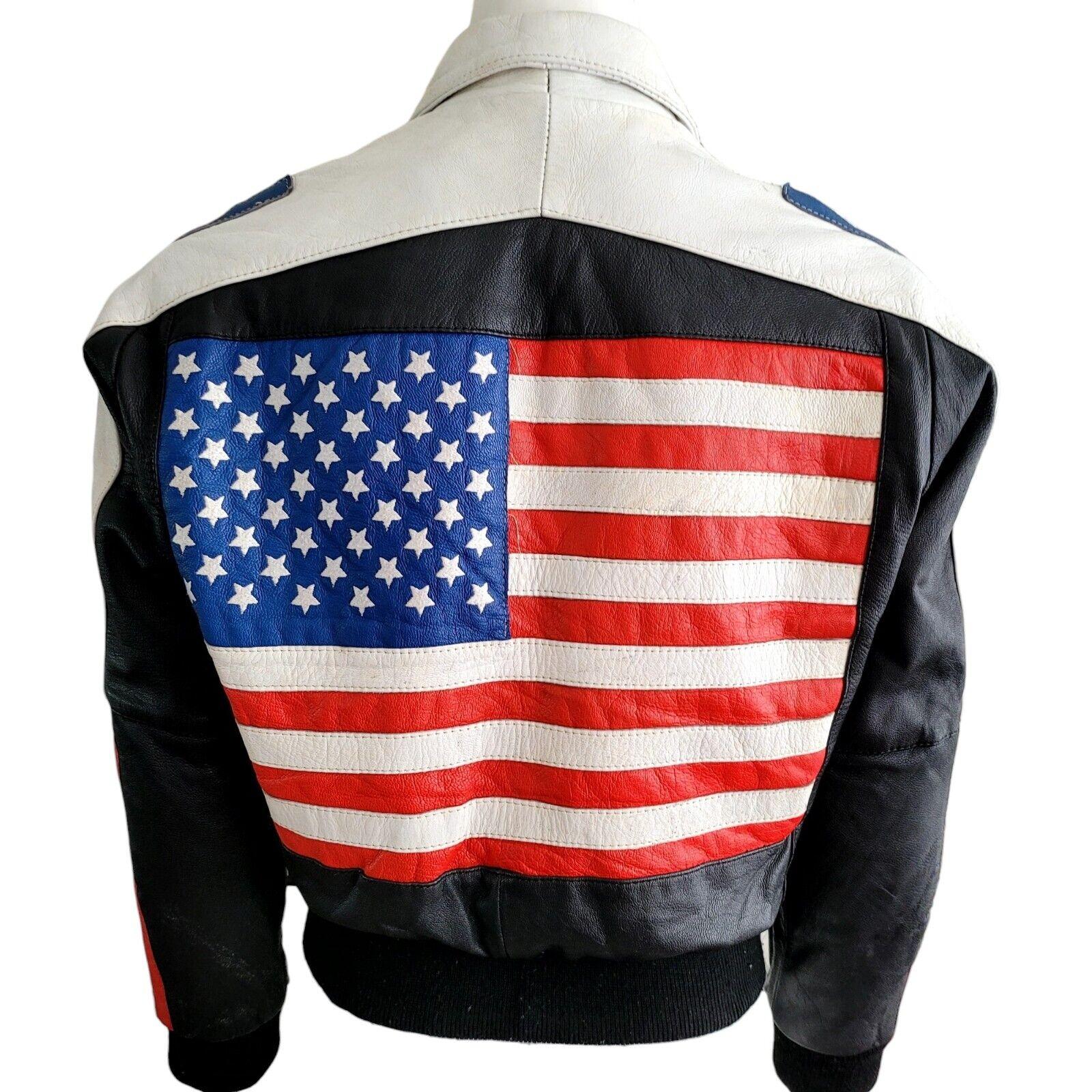 Vintage 90s Leather Jacket XS with USA Flag Design by USA Leather - Black Zip-USASTARFASHION