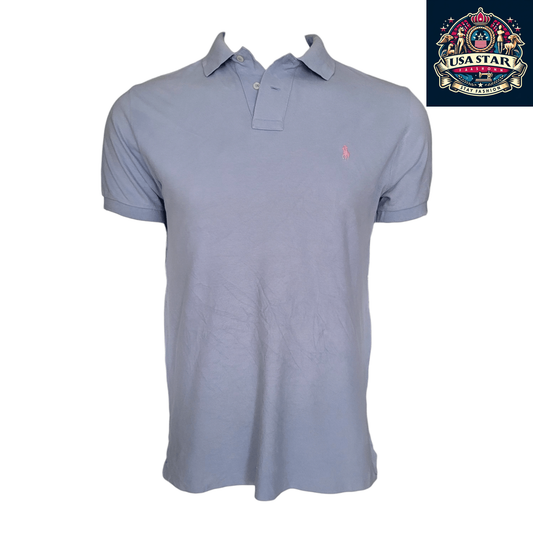 Polo Ralph Lauren Men's Polo Shirt - Custom Fit Light Blue with Pink Logo, 100% Cotton Comfort - USASTARFASHION