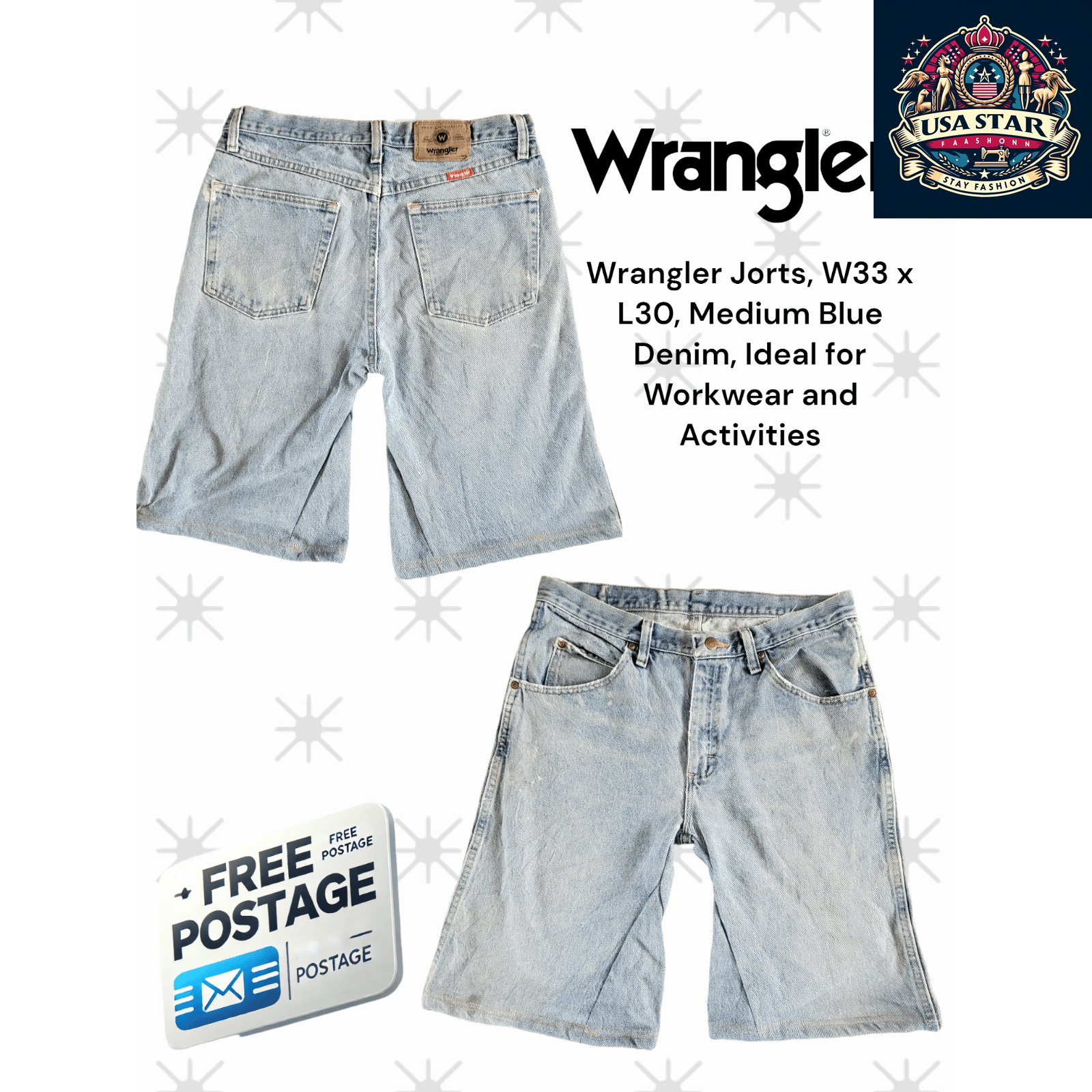 Wrangler Jorts, W33 , Medium Blue Denim, Ideal for Workwear and Activities - USASTARFASHION