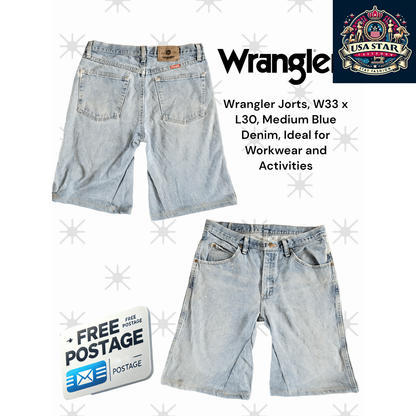 Wrangler Jorts, W33 , Medium Blue Denim, Ideal for Workwear and Activities - USASTARFASHION