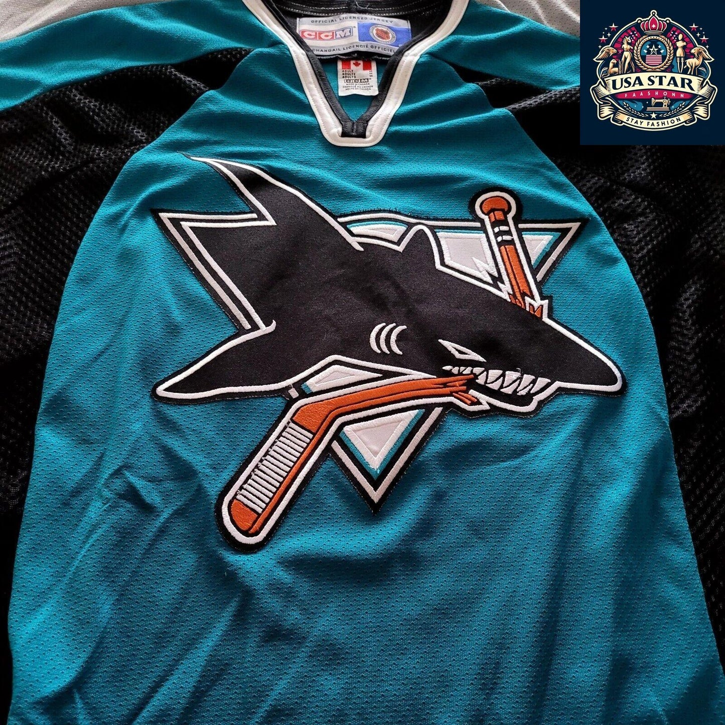 CCM San Jose Sharks Jersey, Teal Men's Medium, Embroidered Logo, Mesh Panels, NHL Official - USASTARFASHION