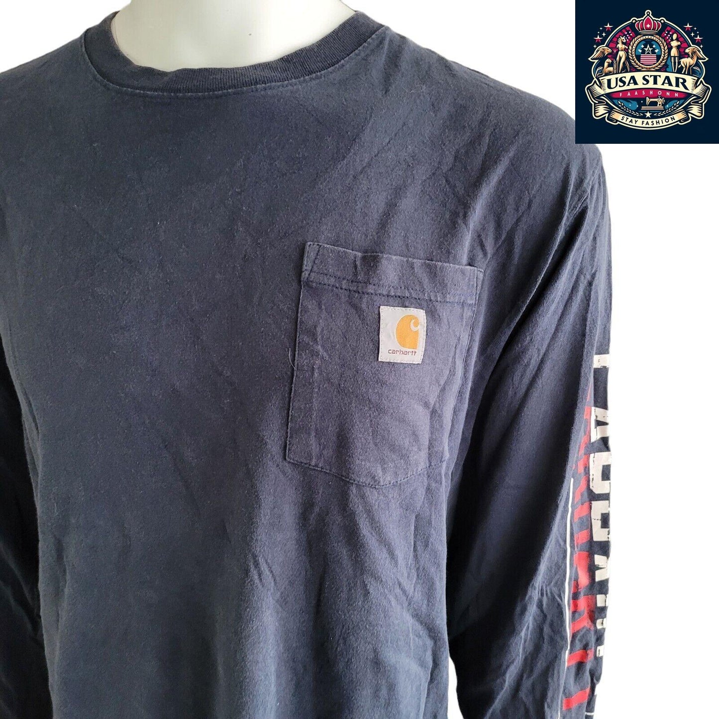 Carhartt Long Sleeve Shirt Navy Blue | Size L | 100% Cotton | Logo Detail on Front & Sleeve - USASTARFASHION