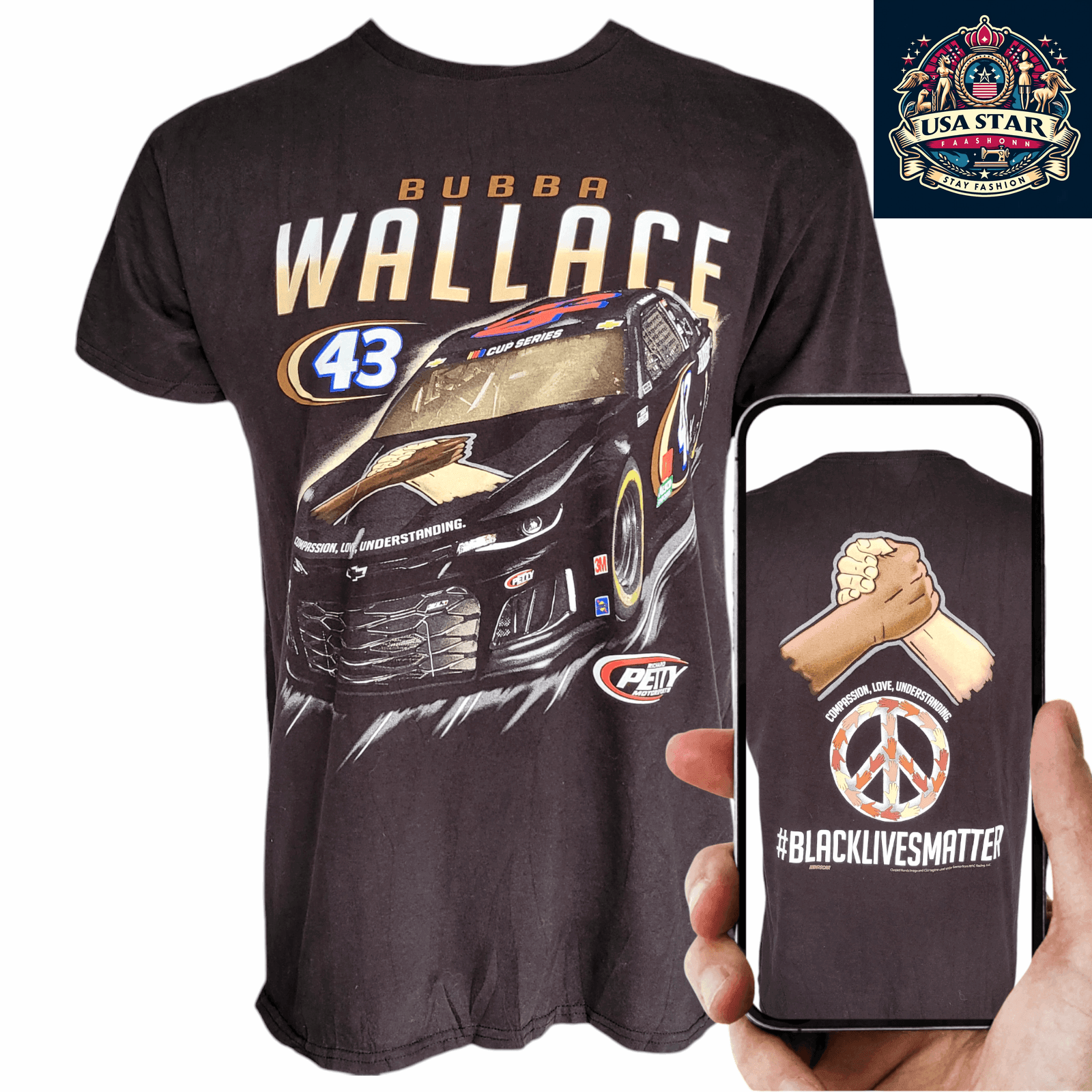 Bubba Wallace T-Shirt - Comfortable Cotton Blend, NASCAR Petty 43 Black Lives Matter Design USASTARFASHION