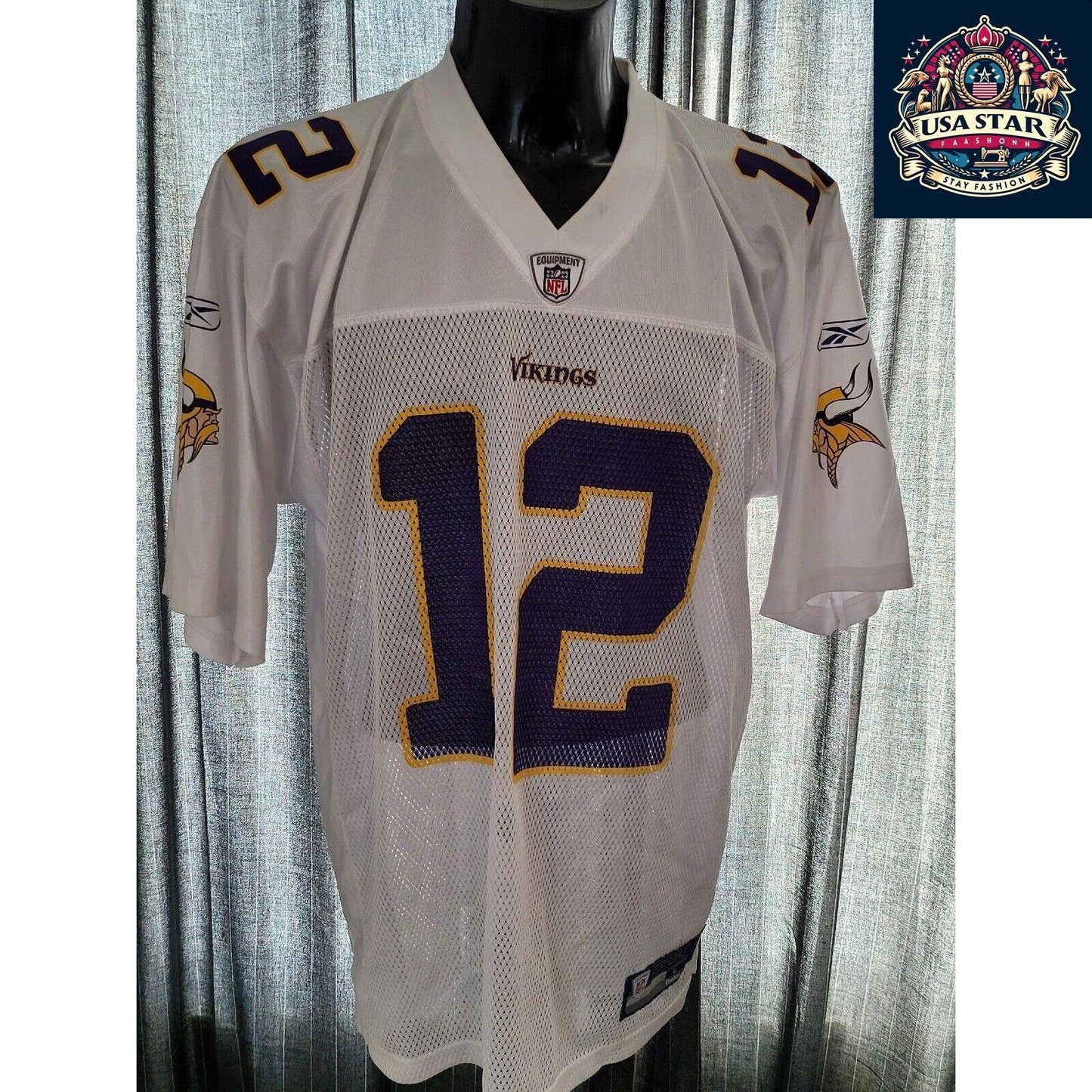 Minnesota Vikings Jersey Adult Large Reebok 12 Percy Harvin, High-Quality Fabric, Authentic Colors - USASTARFASHION