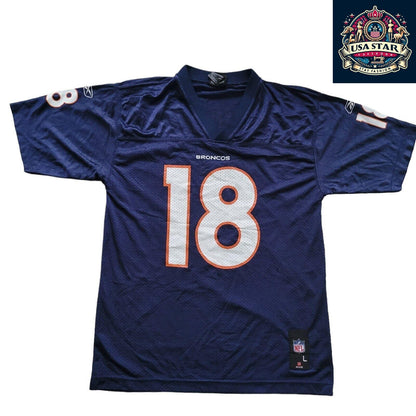 Denver Broncos Jersey Shirt Youth L #18 Peyton Manning - Durable Comfortable Fan Wear - USASTARFASHION