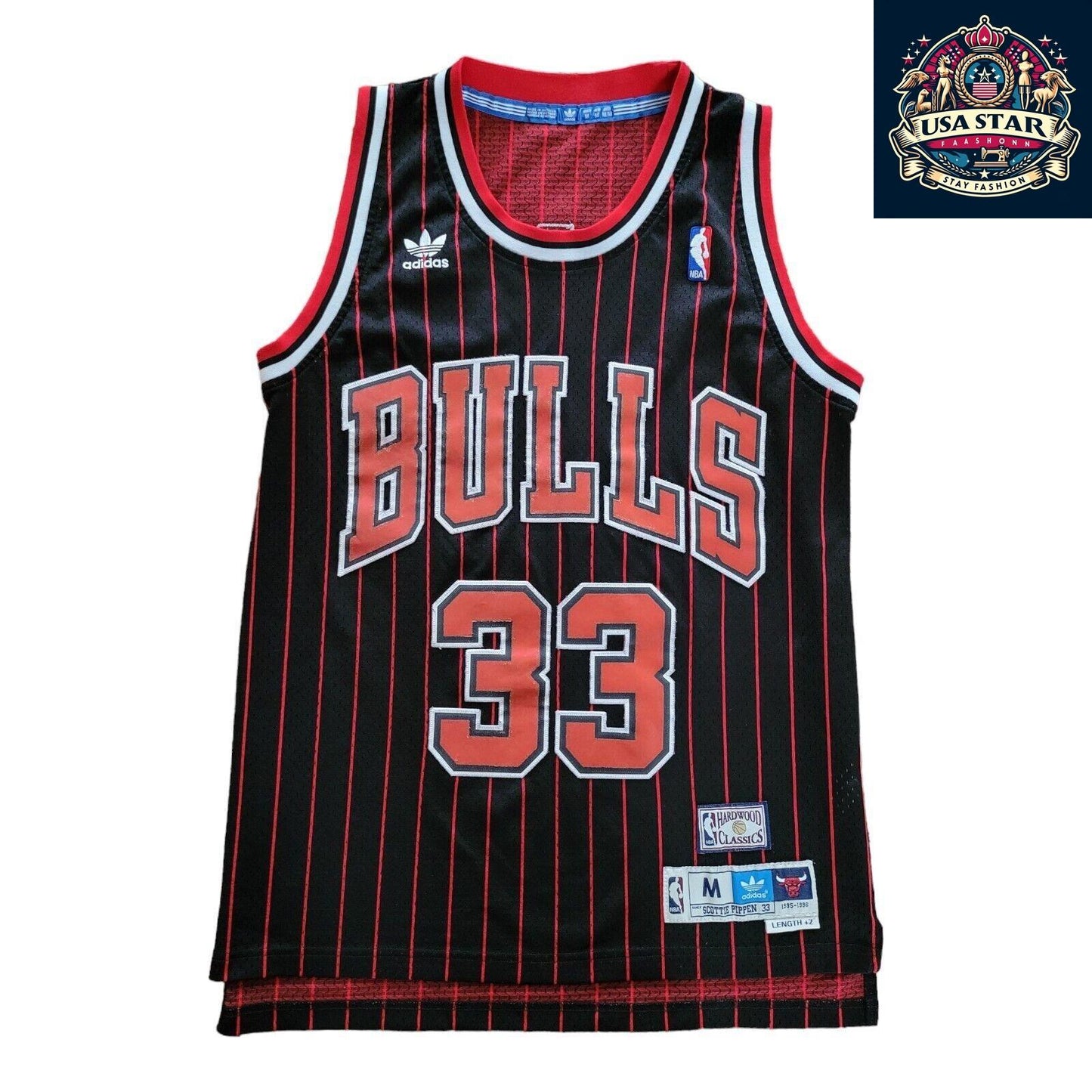 Scottie Pippen #33 Chicago Bulls Jersey - Black Red Pinstripe Vintage M - NBA Apparel - USASTARFASHION