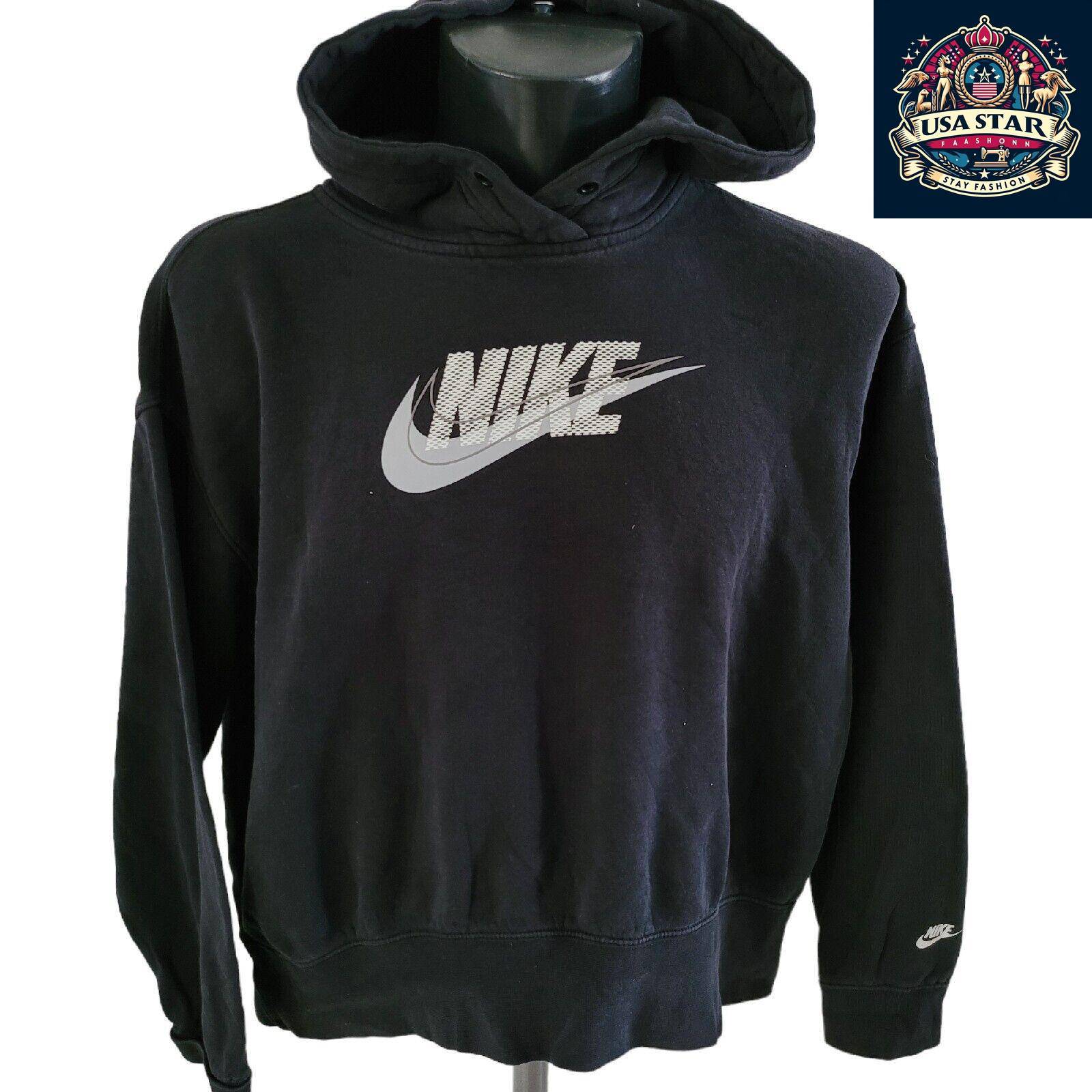 Nike Women's Hoodie Medium Black Cotton, Cozy Relaxed Fit with Iconic Logo & Front Pocket - USASTARFASHION