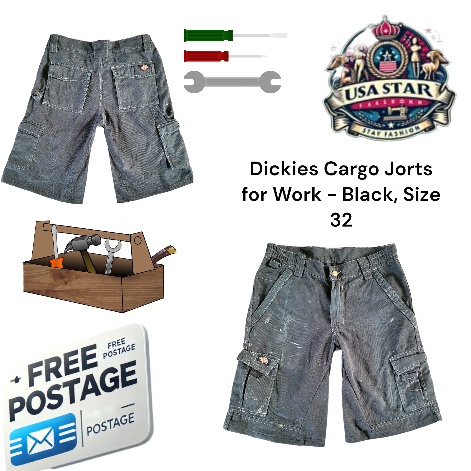 Dickies Cargo Jorts for Work - Black, Size 32-USASTARFASHION