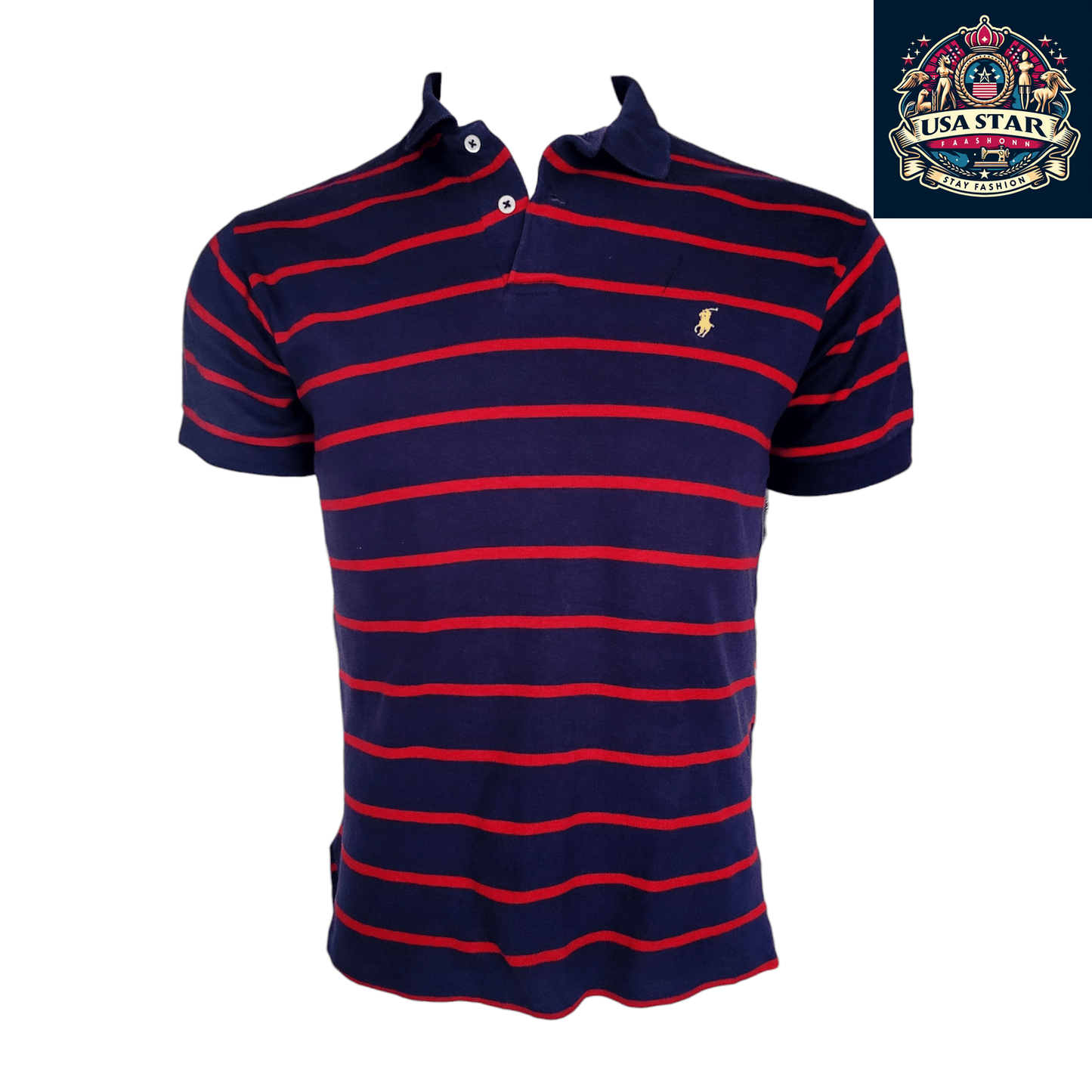 Polo By Ralph Lauren Men's Navy Red Striped Polo Shirt, 100% Cotton, Classic Fit, Made In USA - USASTARFASHION