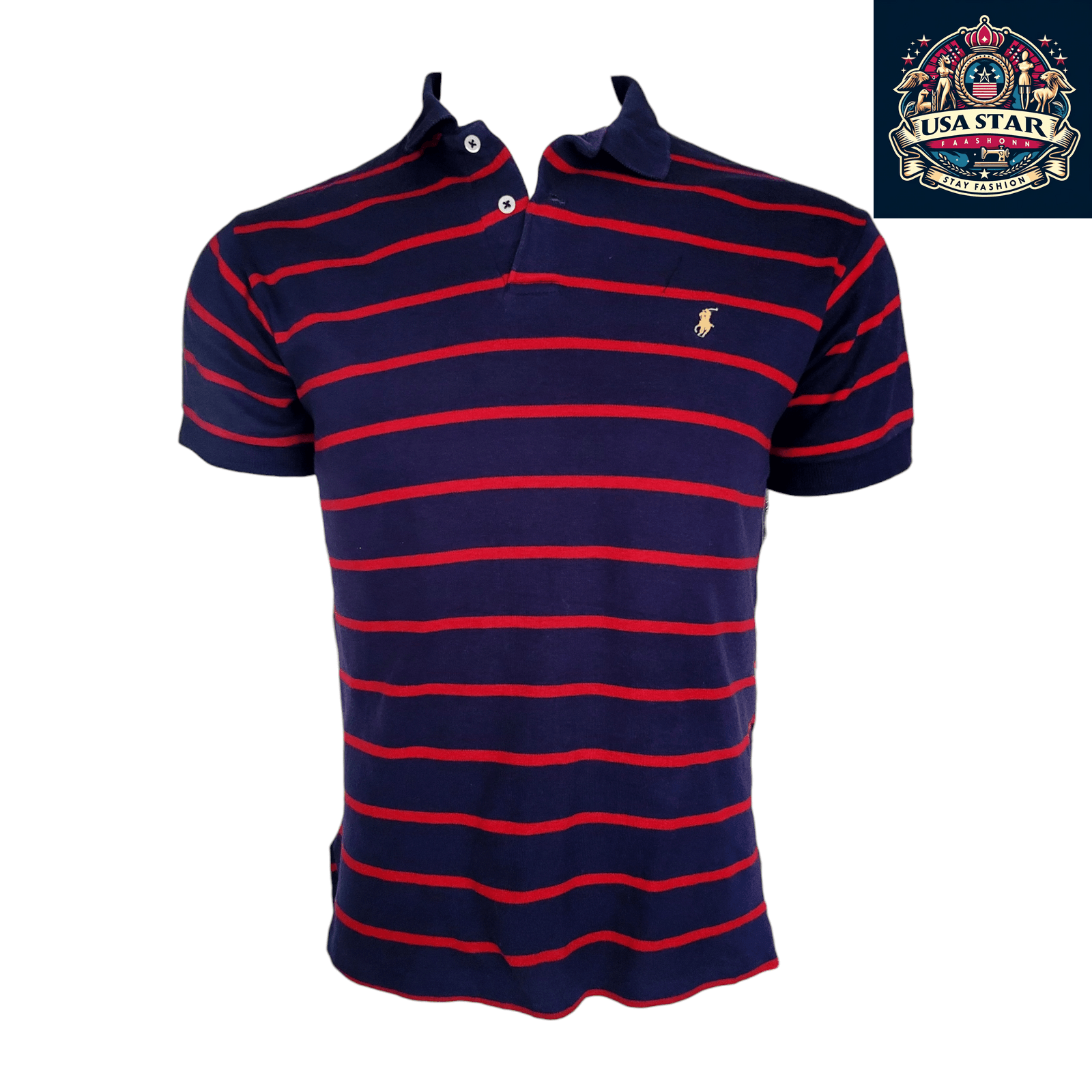 Polo By Ralph Lauren Men's Navy Red Striped Polo Shirt, 100% Cotton, Classic Fit, Made In USA USASTARFASHION