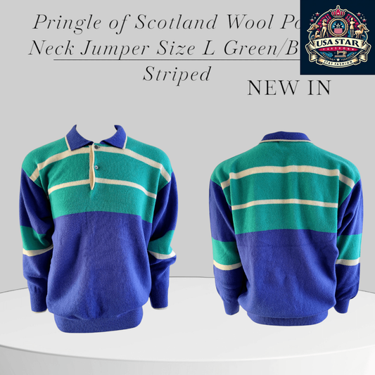 Pringle of Scotland Wool Polo Neck Jumper Size L in Green/Blue Stripes for Elegant Layering - USASTARFASHION