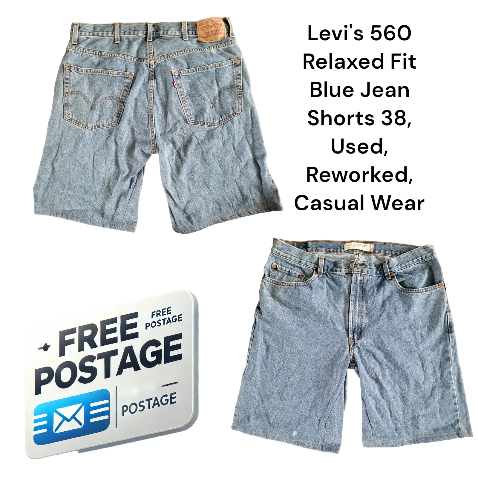 Levi's 560 Relaxed Fit Blue Jean Shorts 38, Used, Reworked, Casual Wear-USASTARFASHION