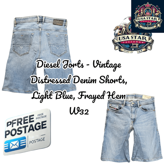 Diesel Jorts Vintage Distressed Denim Shorts, Light Blue, W32, Trendy Frayed Hem Style - USASTARFASHION