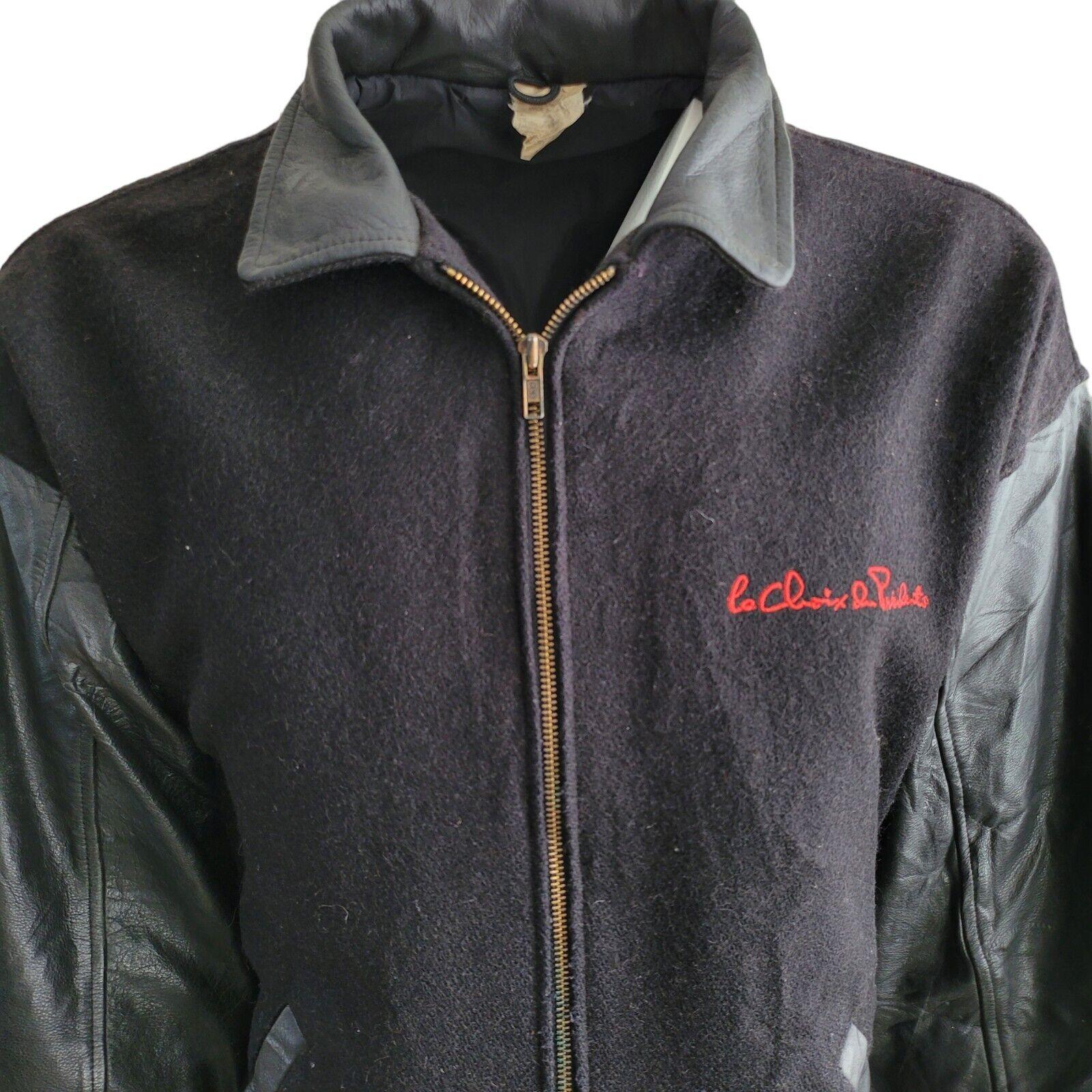 La Croix du President Black Varsity Jacket Men's L - Wool & Leather - Iconic Emblem - Vintage Style - 23"x27-USASTARFASHION