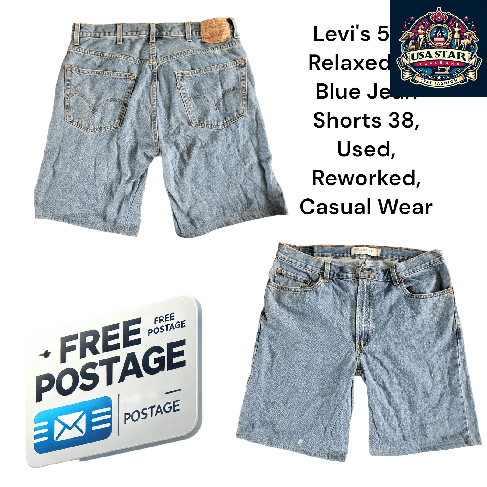 Levi's 560 Blue Jean Shorts, Size 38, Relaxed Fit, Used & Reworked for Casual Comfort - USASTARFASHION