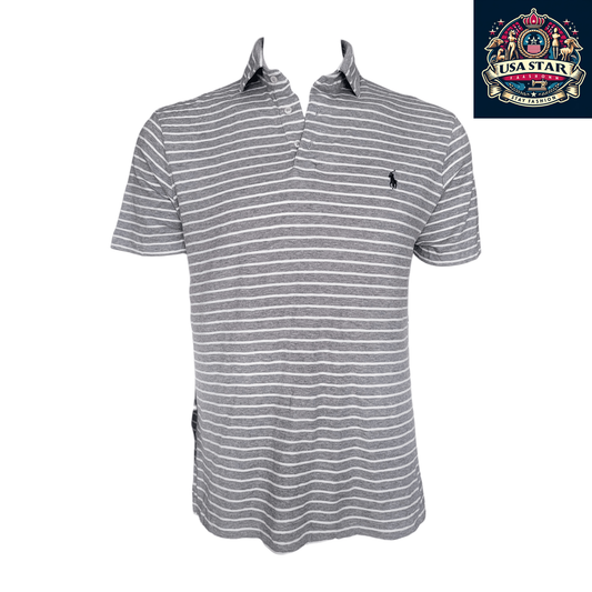 Polo Ralph Lauren Gray Polo Shirt, Men's Size L, 100% Cotton, Classic Striped Design - USASTARFASHION