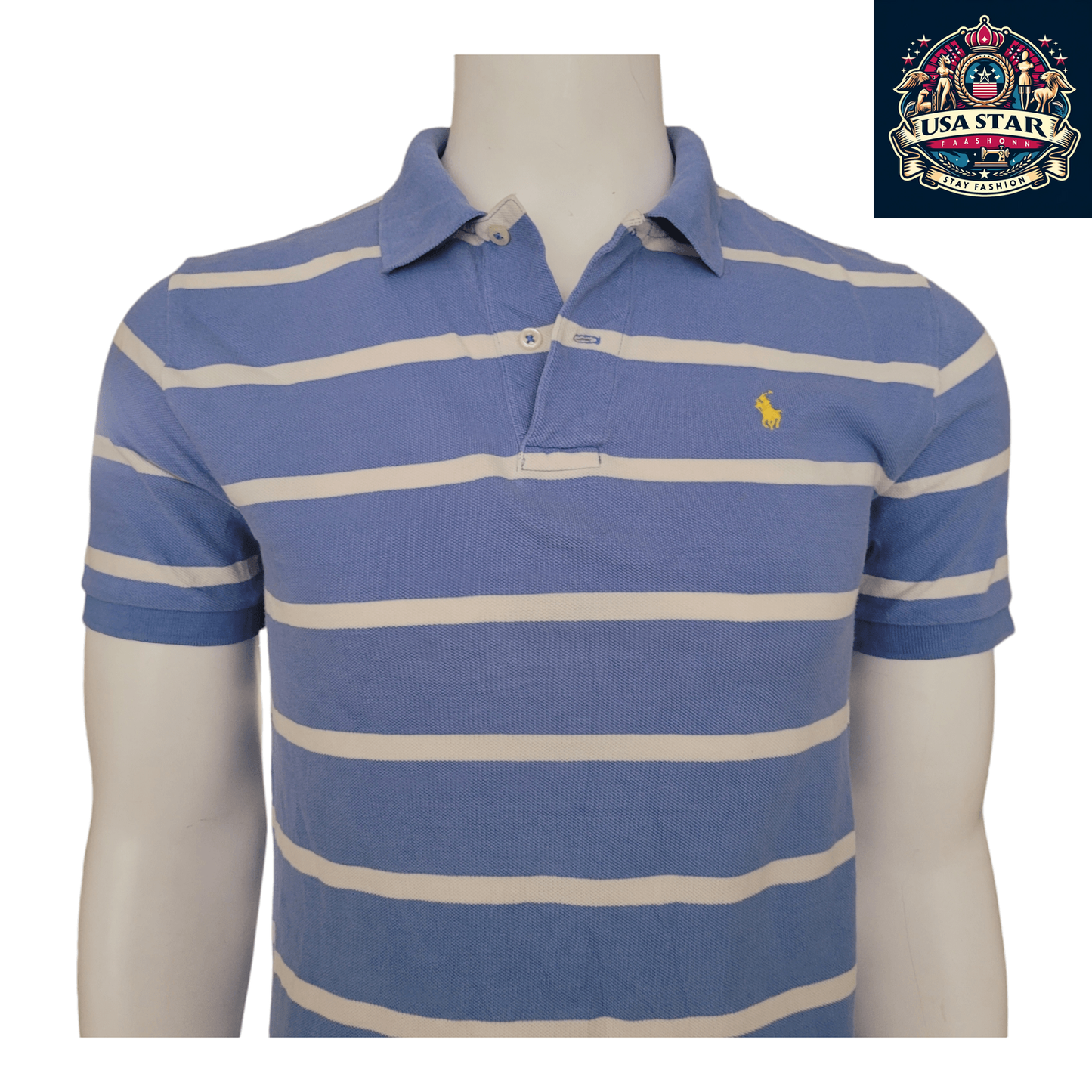 Ralph Lauren Polo Shirt Men's M 100% Cotton Blue Striped Short Sleeve for Comfort and Style - USASTARFASHION