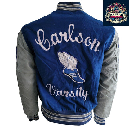 Holloway Varsity Jacket - Amanda, Stylish Blue Wool With Grey Leather Sleeves, Made in Mexico - USASTARFASHION