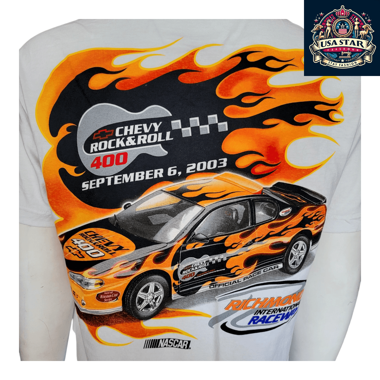 Chevy Rock And Roll 400 T-Shirt 2003 NASCAR Flames Graphic Large Vintage Cotton Tee USASTARFASHION