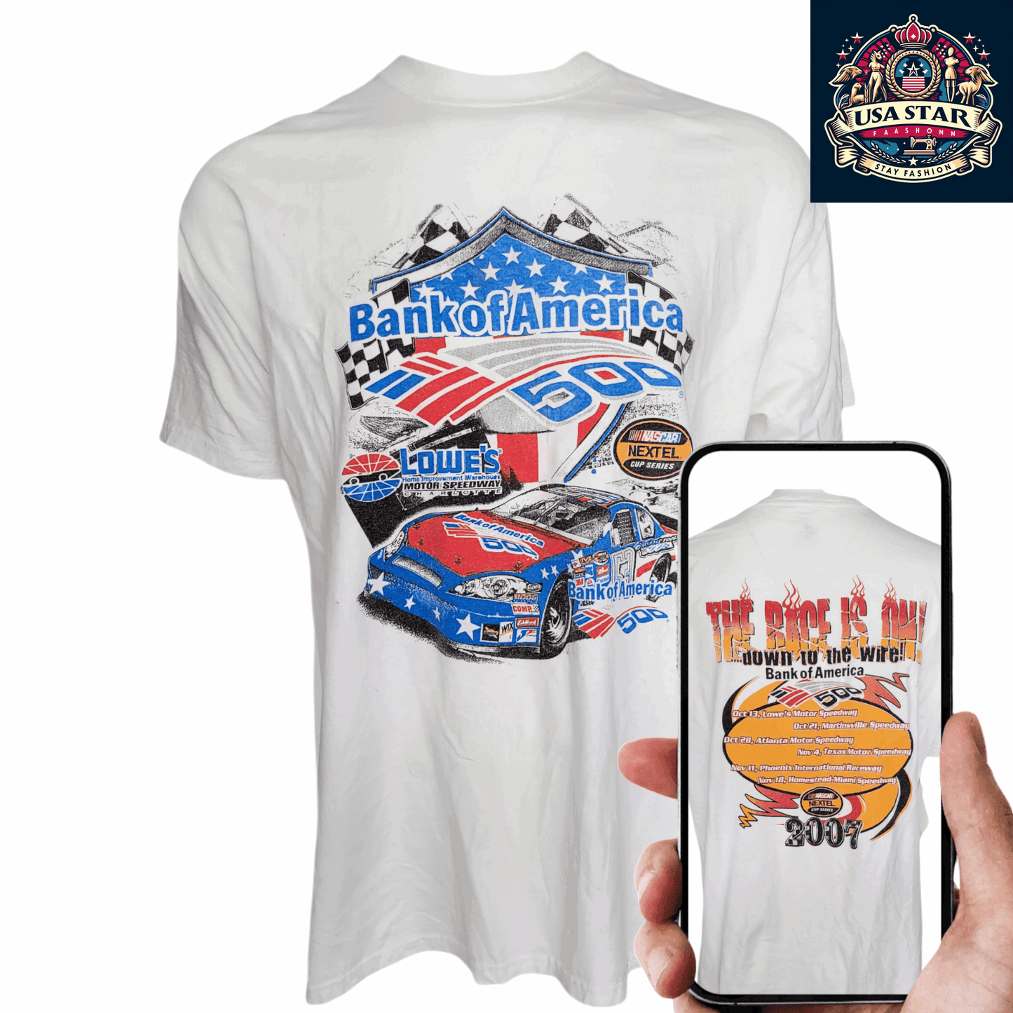 Bank Of America 500 T-Shirt XL 100% Cotton Graphic Tee White Vintage NASCAR 2007 Edition - USASTARFASHION