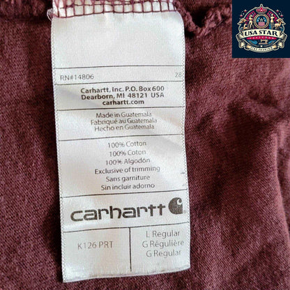 Authentic Carhartt Henley T-Shirt for Men, Long Sleeve, Burgundy, 100% Cotton, Size L Regular - USASTARFASHION