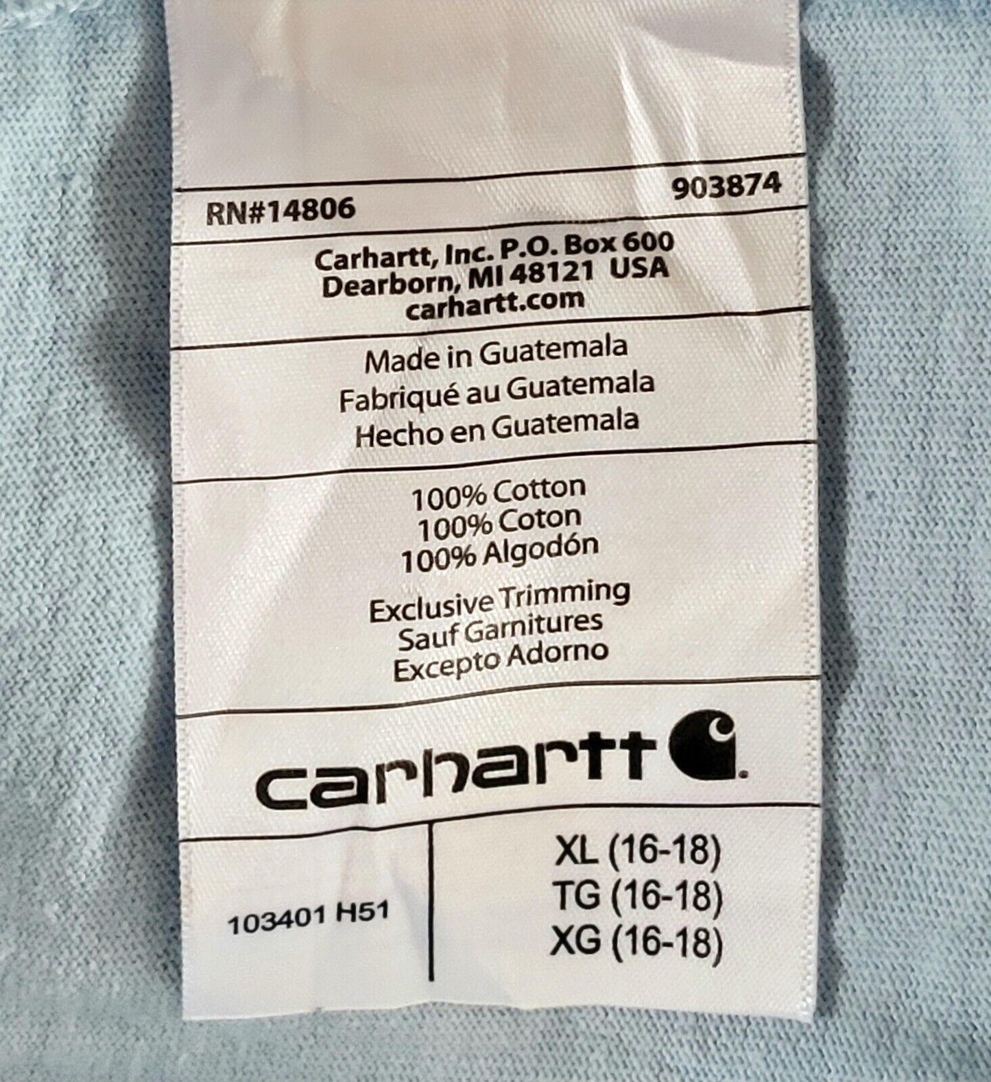 Carhartt Light Blue Youth XL (16-18) Long Sleeve 100% Cotton Shirt-USASTARFASHION