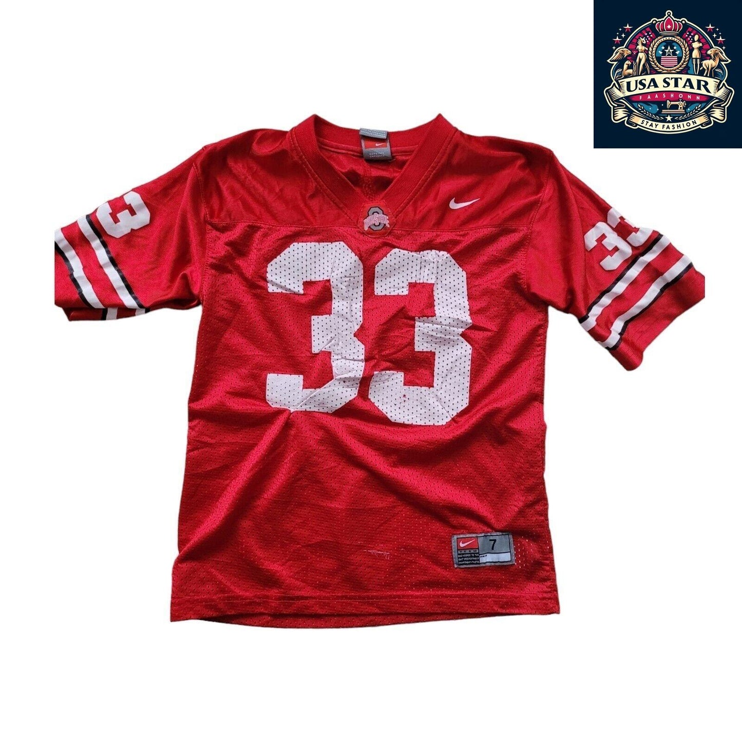 Nike Ohio State Buckeyes Jersey Youth Size 7 #33 Red Distressed Style for Kids Football Fans - USASTARFASHION