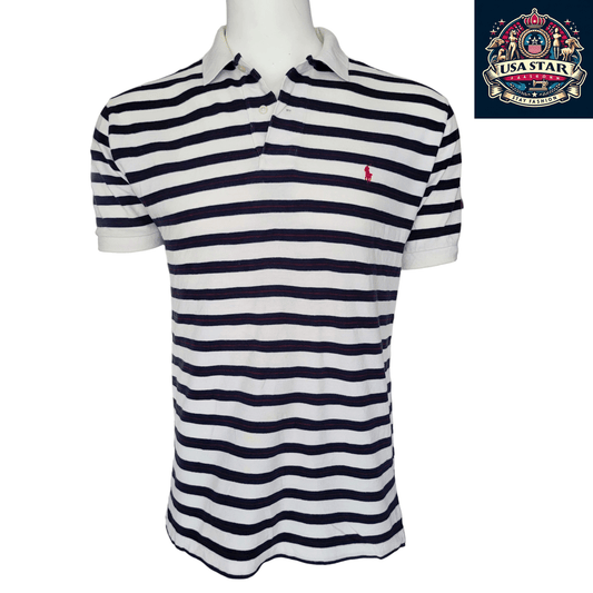 Polo Ralph Lauren Striped Polo Shirt for Men, Size M, 100% Cotton with Red Pony Emblem - USASTARFASHION