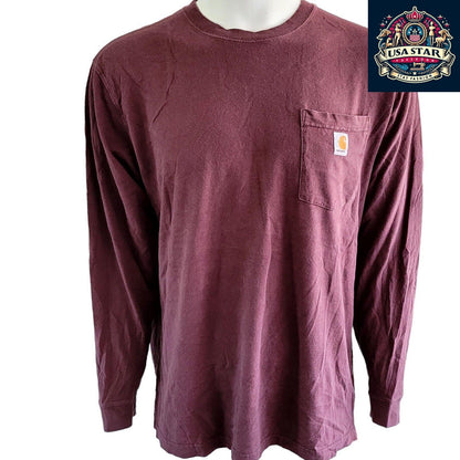 Authentic Carhartt Henley T-Shirt for Men, Long Sleeve, Burgundy, 100% Cotton, Size L Regular - USASTARFASHION