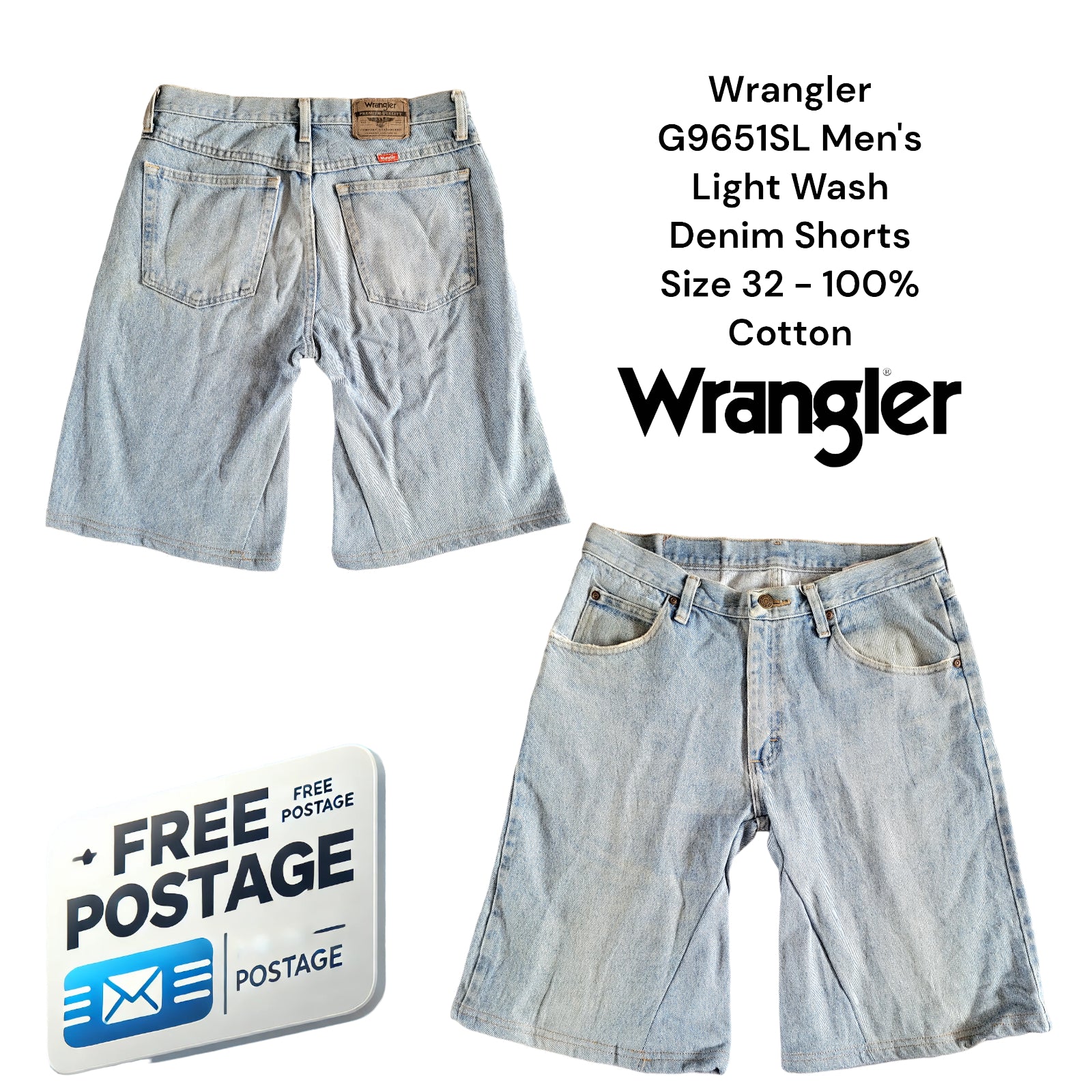 Wrangler G9651SL Men's Light Wash Denim Shorts Size 32 - 100% Cotton-USASTARFASHION