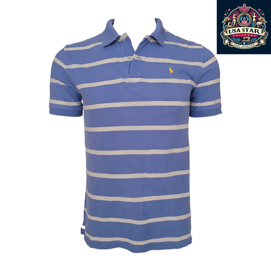 Ralph Lauren Polo Shirt Men's M 100% Cotton Blue Striped Short Sleeve for Comfort and Style - USASTARFASHION