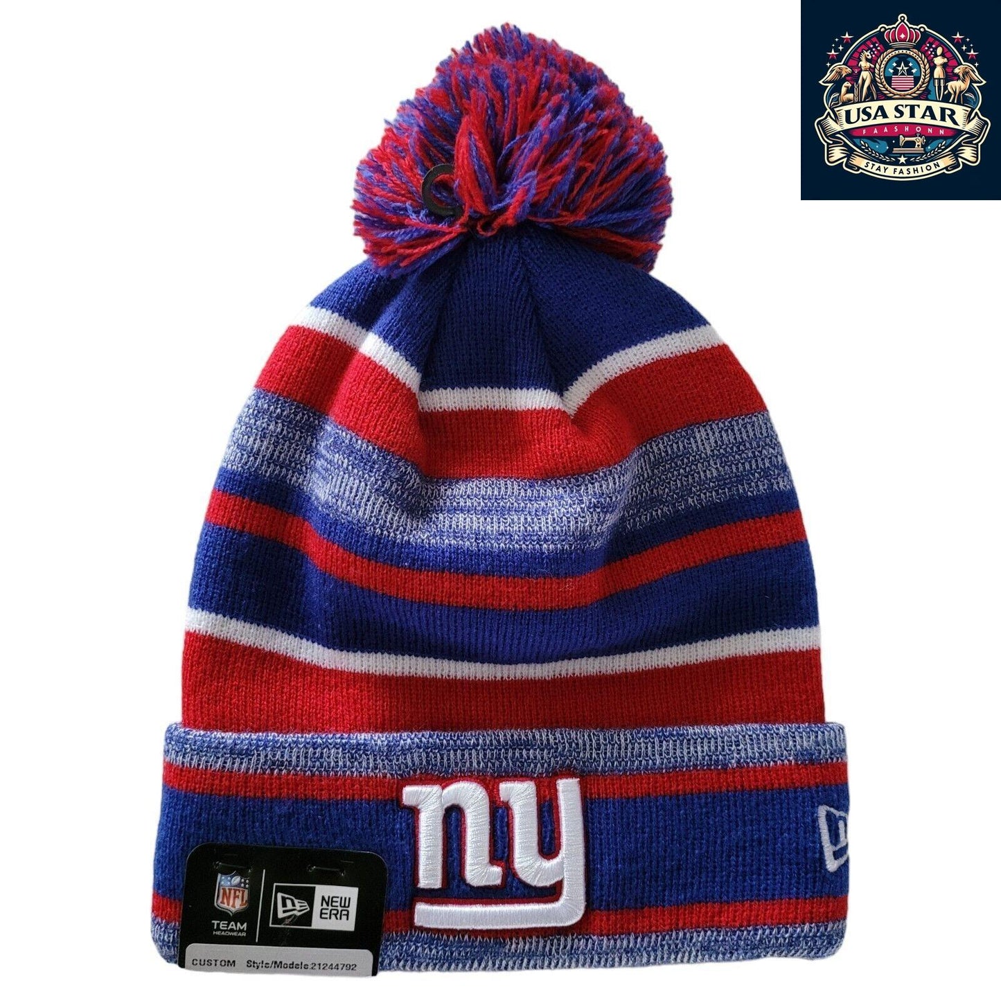 🏈 New York Giants New Era Beanie Marled Stripe Pom Hat - One Size 🌟🔵🏈 - USASTARFASHION