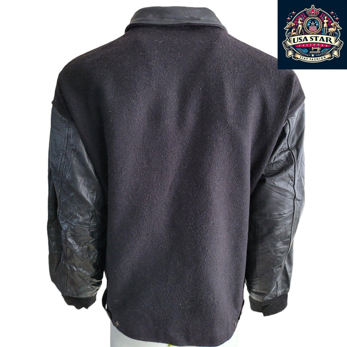 La Croix Du President Vintage Varsity Jacket for Men, Black Wool Shell & Leather Sleeves, Size L - USASTARFASHION