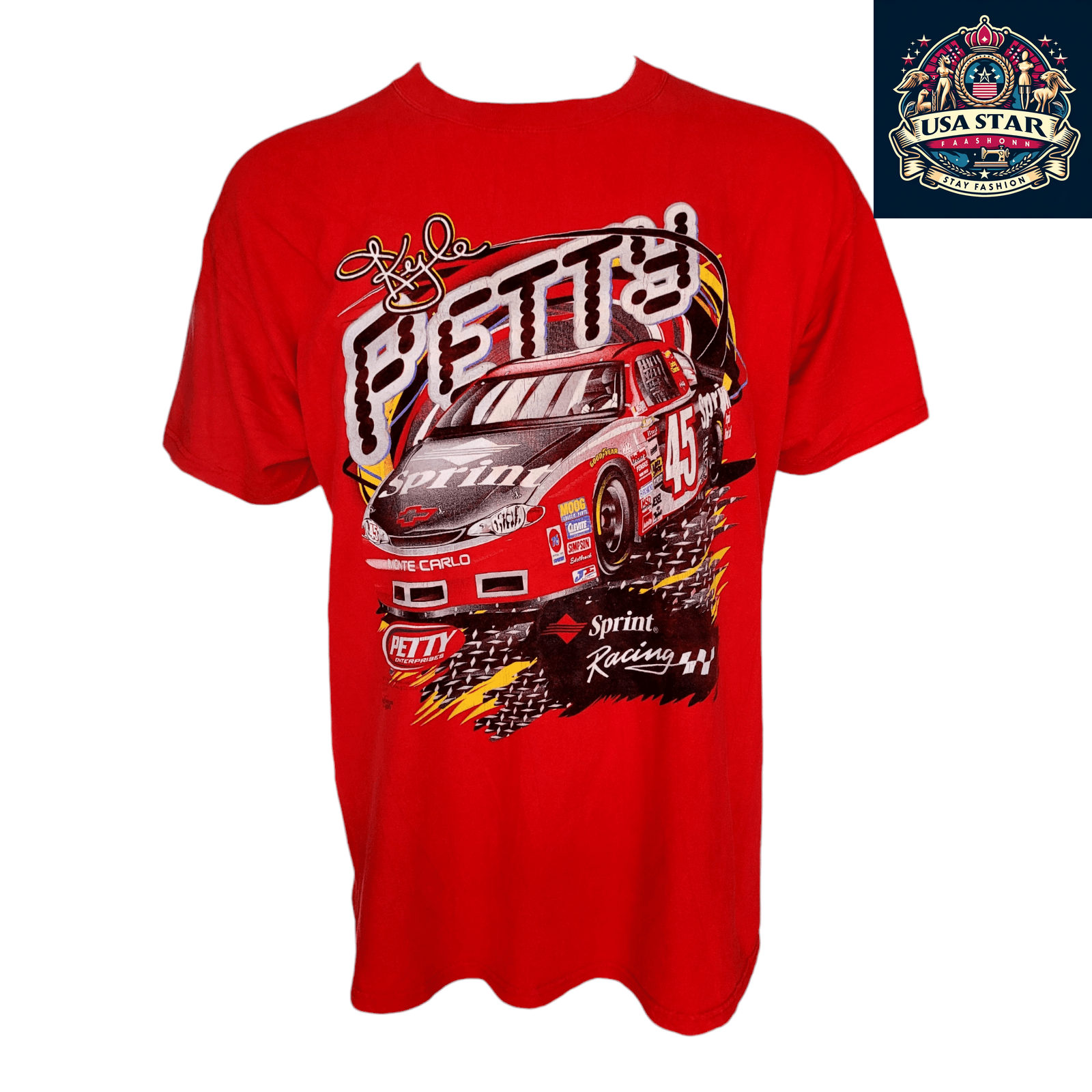 Vintage Kyle Petty T-Shirt #45 Sprint Racing | Delta Magnum Fabric | Red | Size XL - USASTARFASHION