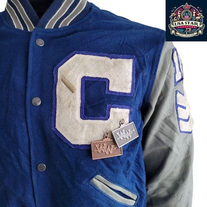 Holloway Varsity Jacket - Amanda, Stylish Blue Wool With Grey Leather Sleeves, Made in Mexico - USASTARFASHION