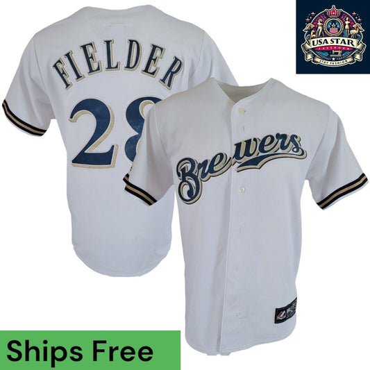 Vintage Majestic Milwaukee Brewers Jersey #28 Fielder Sz M - Authentic Collectible Sports Apparel - USASTARFASHION