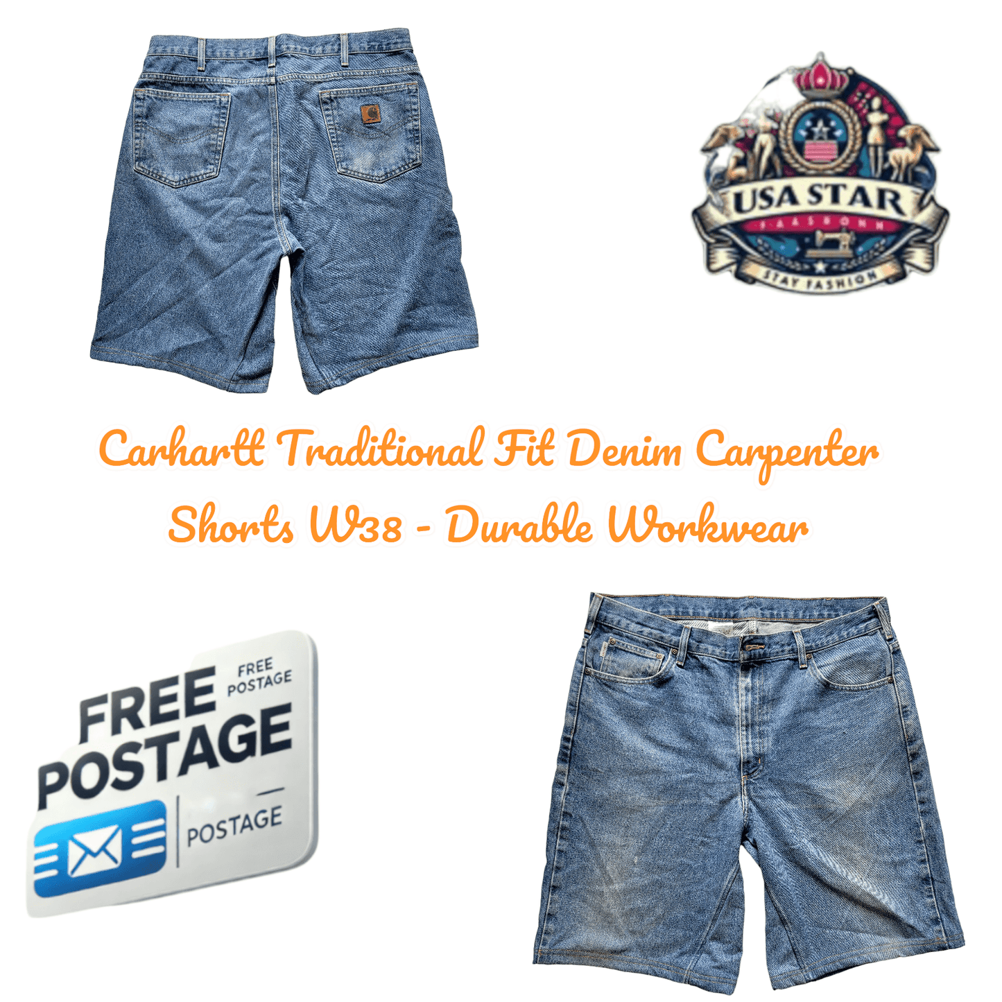 Carhartt Traditional Fit Denim Carpenter Shorts W38 - Durable Workwear