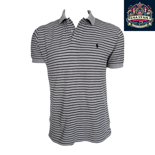 Ralph Lauren Polo Shirt Men's Medium Gray And Black Stripes With Classic Black Pony Logo - USASTARFASHION