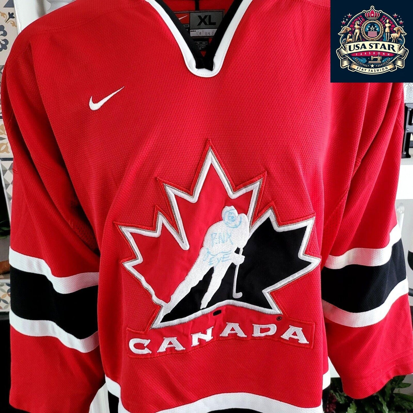 Signed Canada Hockey Jersey Adult XL with Unique Pink Eye Design - Lightweight Red Nike Authentic - USASTARFASHION