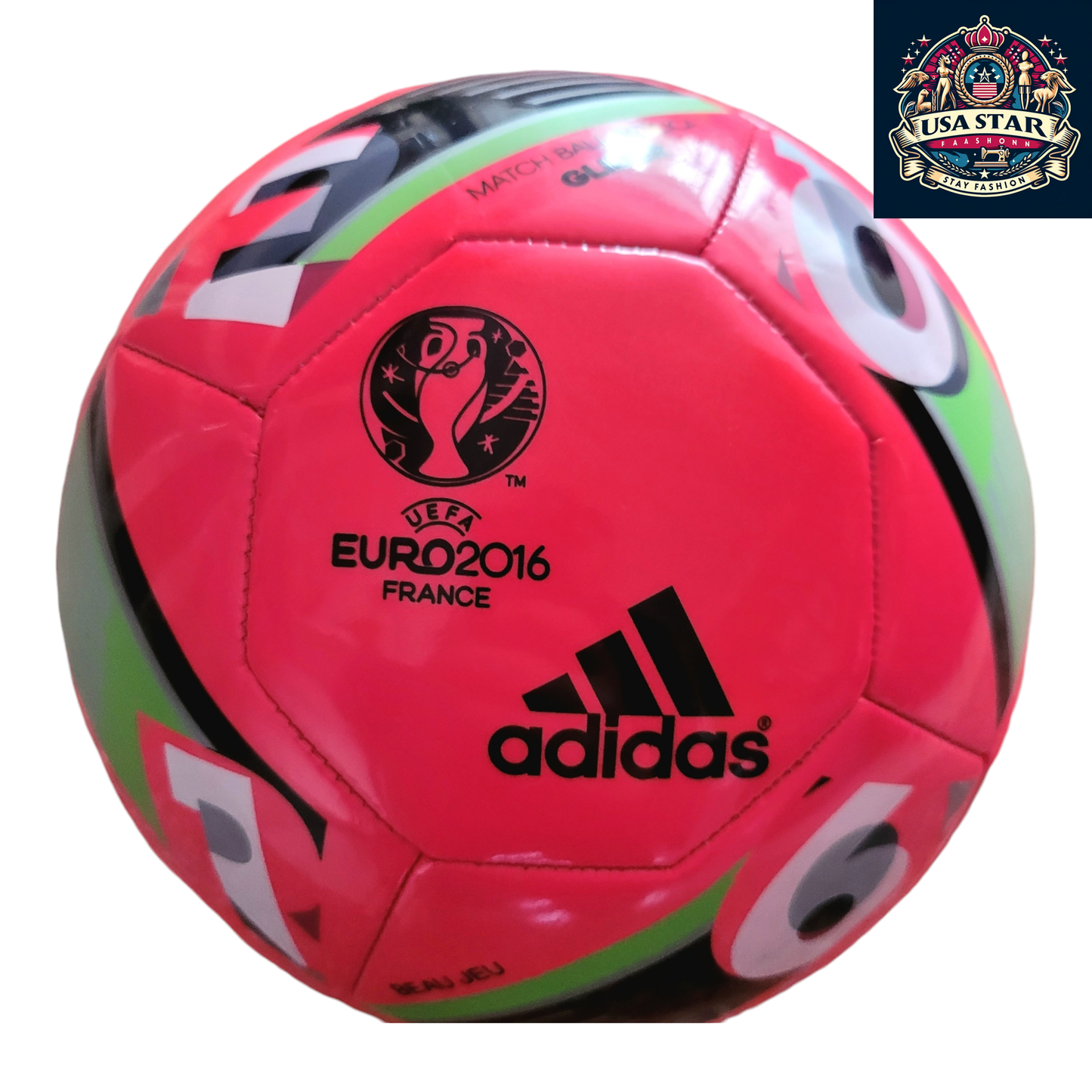 a red soccer ball with black and green stripes