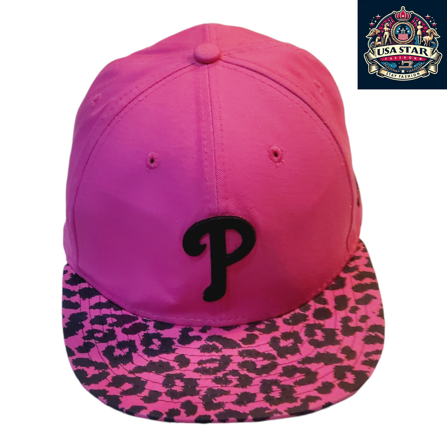 a pink hat with a black p on it