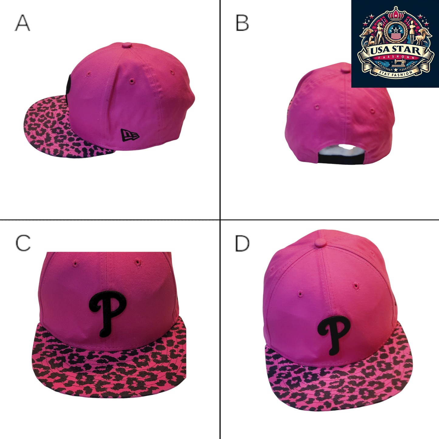 a pink hat with a black p on it