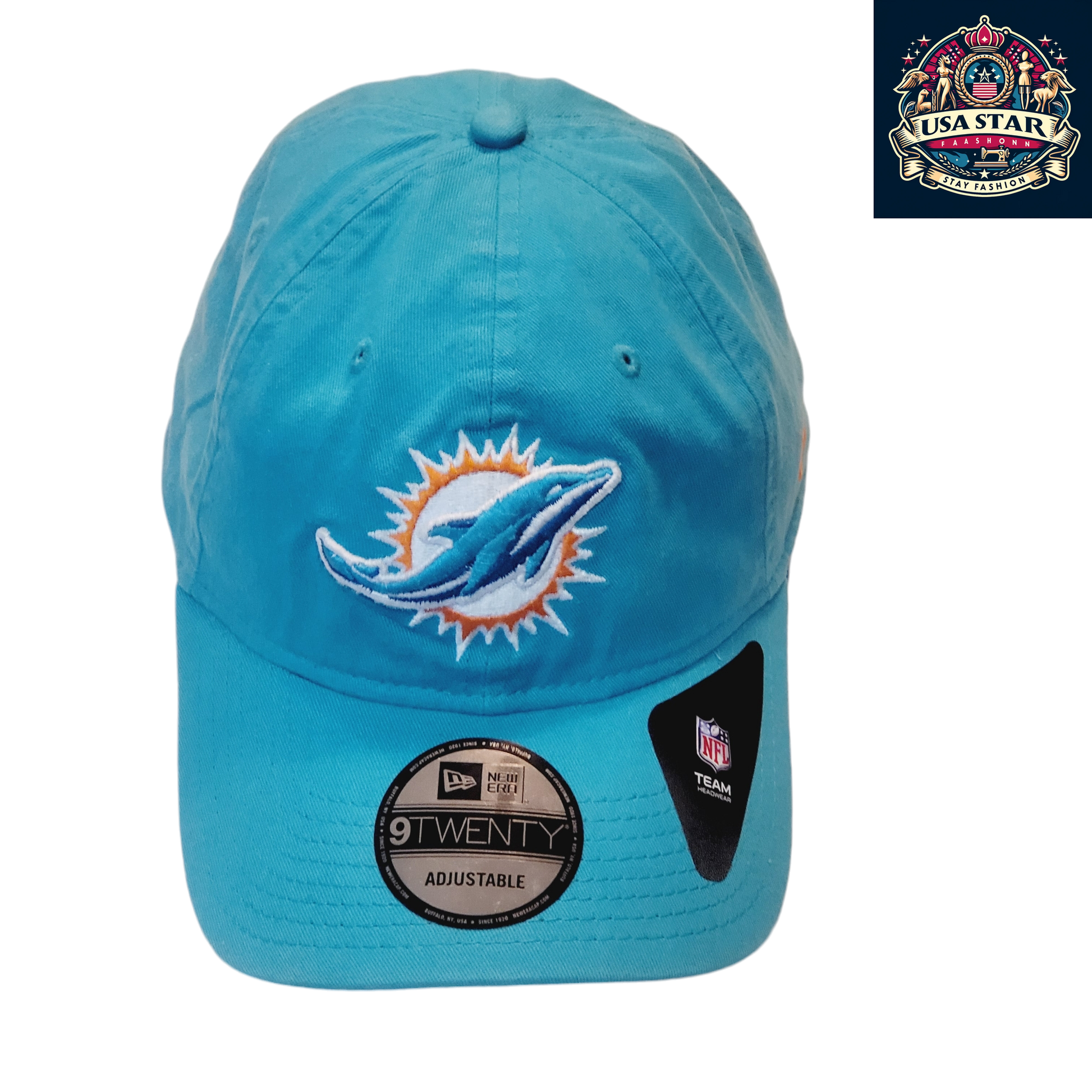 a blue miami dolphins hat with the miami dolphins logo on it