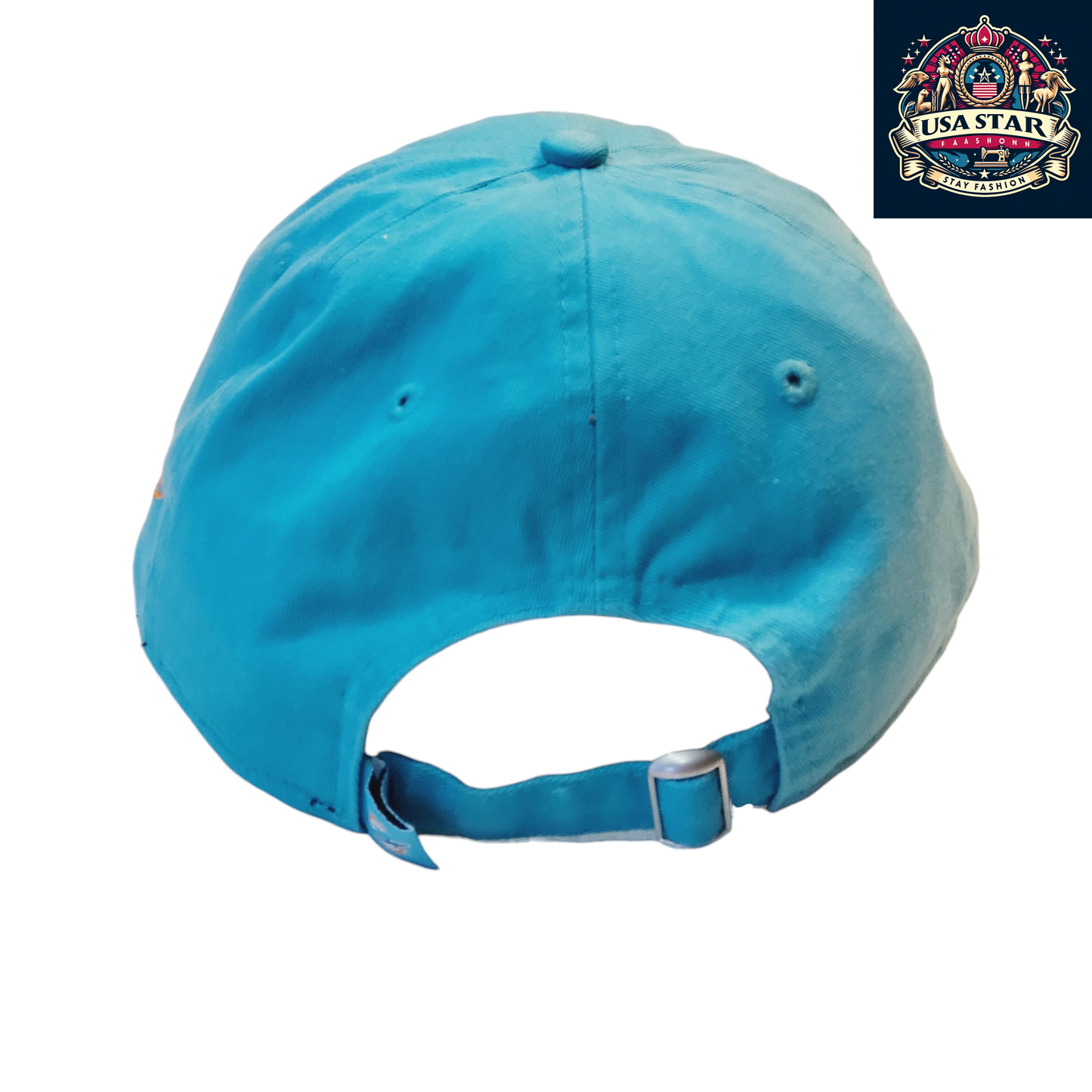 a blue hat with a strap on it