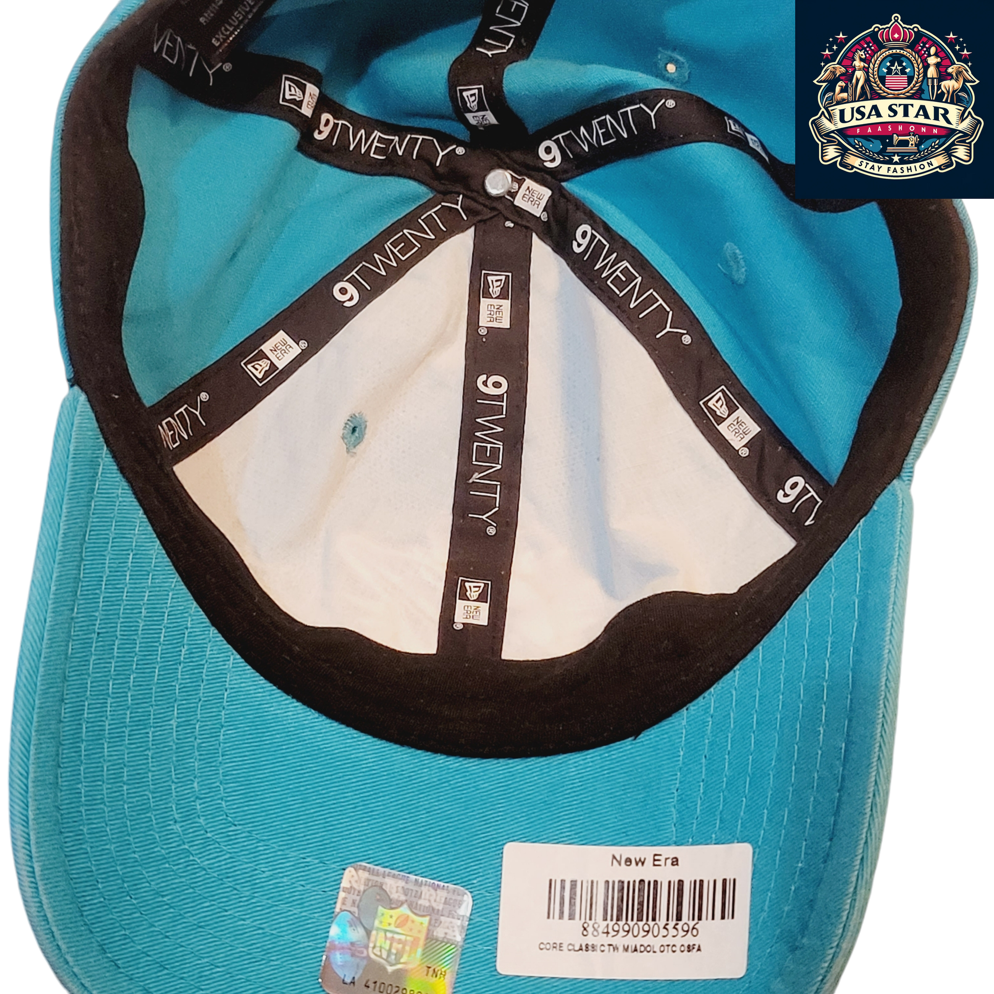 a blue and black hat with a tag on it