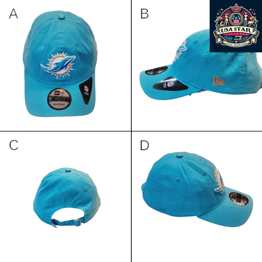 four different views of a miami dolphins hat