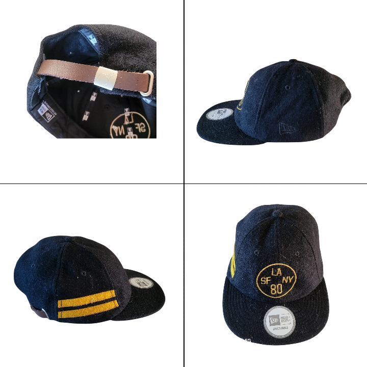 four pictures of a hat with a patch on it