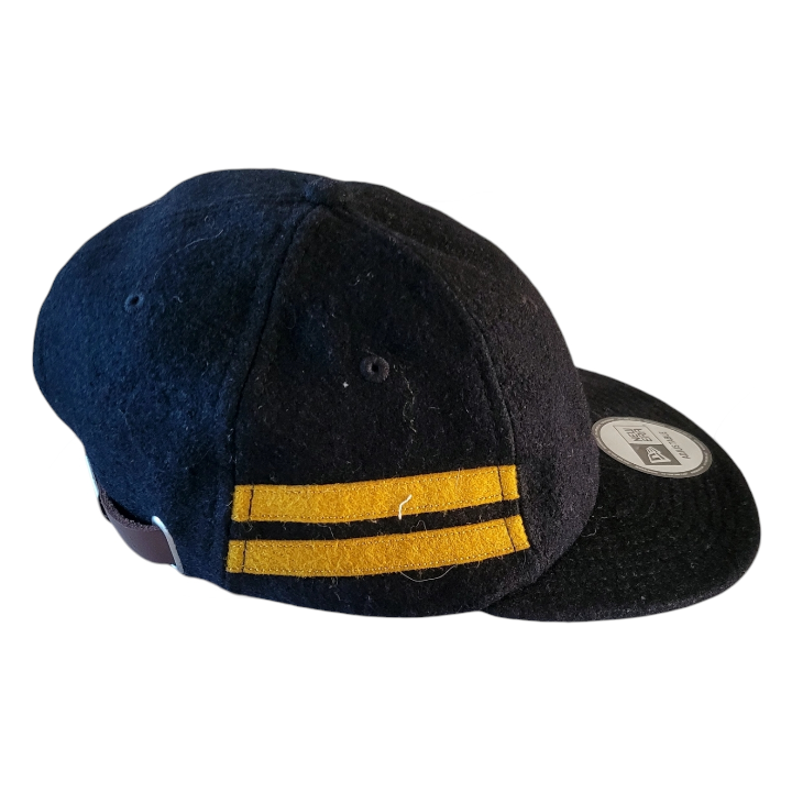 a black hat with a yellow stripe on it