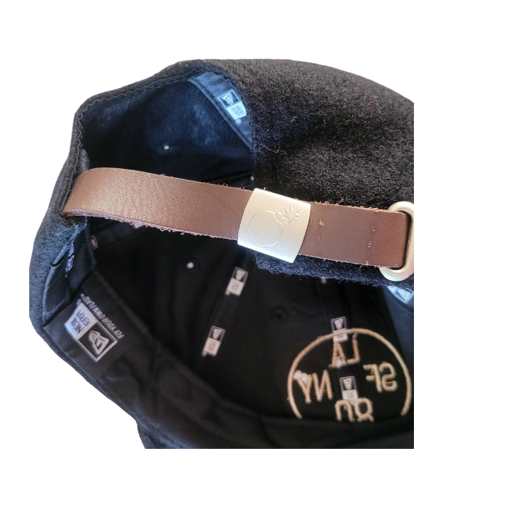 a close up of a hat with a leather strap